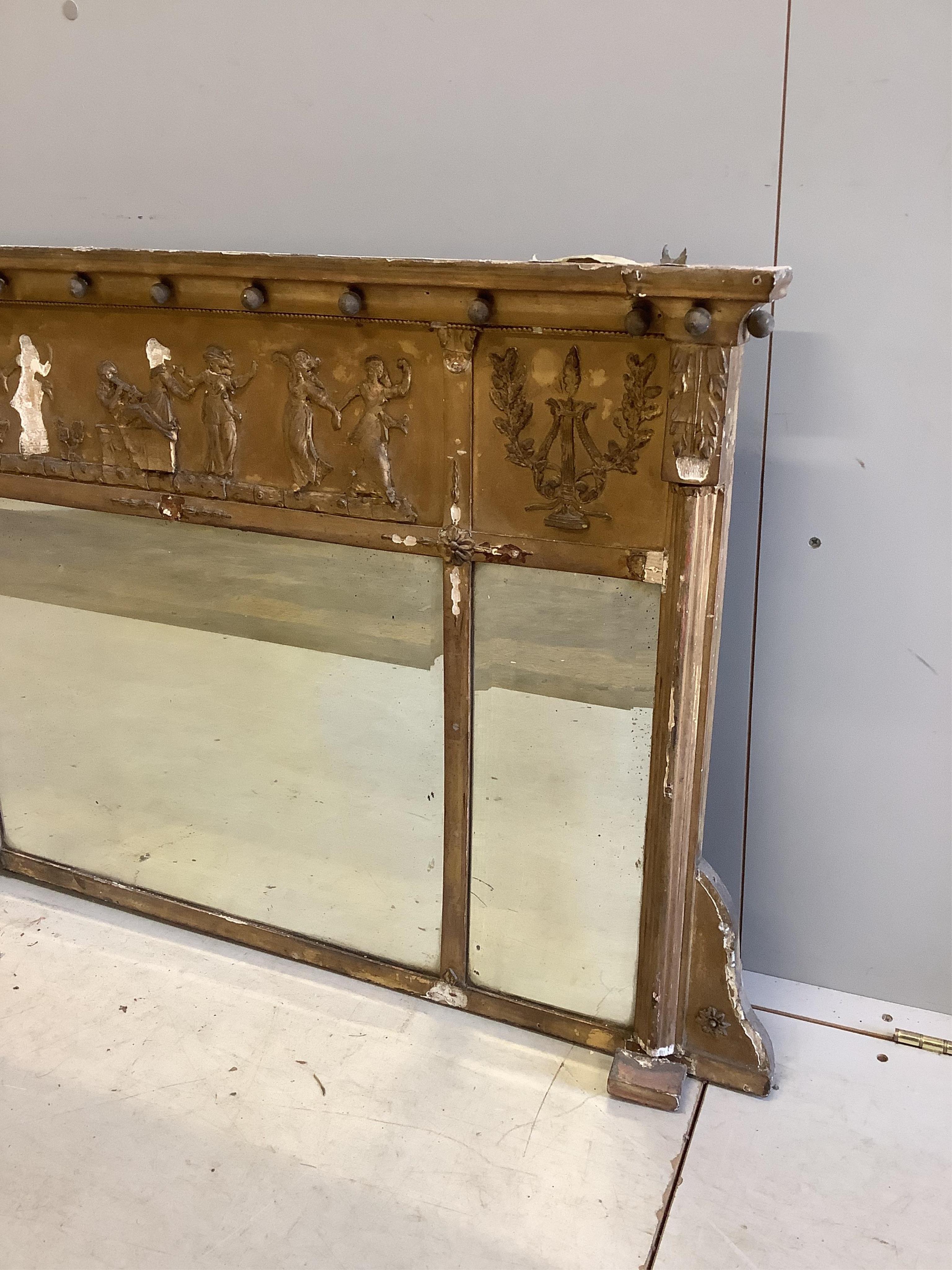 A Regency giltwood and composition triple plate overmantel mirror, width 111cm, height 71cm. Condition - poor, in need of restoration